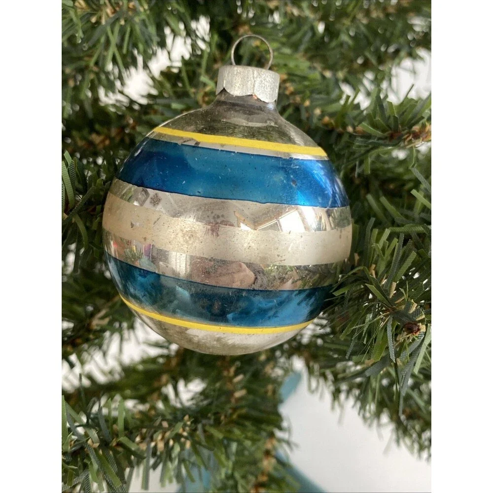 Vintage Christmas Glass Ball Ornament Striped Shiny Brite & Made USA Lot of 2